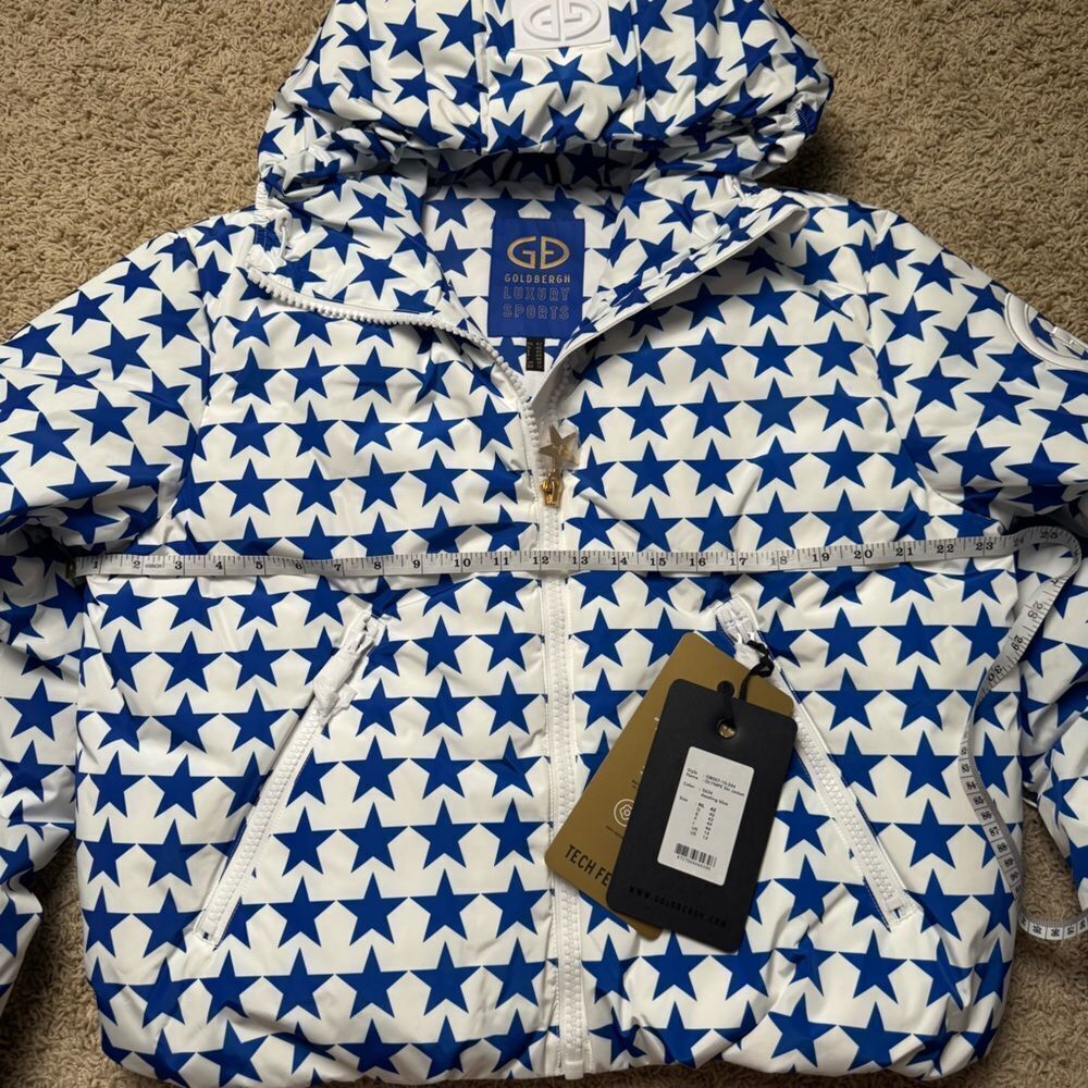 Goldbergh Olympe Goose Down Puffer Ski Jacket NWT US 12 Large White Blue Stars - Picture 7 of 10